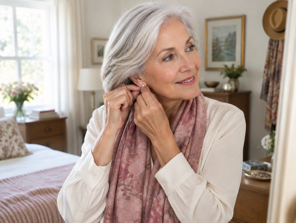 A woman in her seventies fastening an earring in a bright bedroom